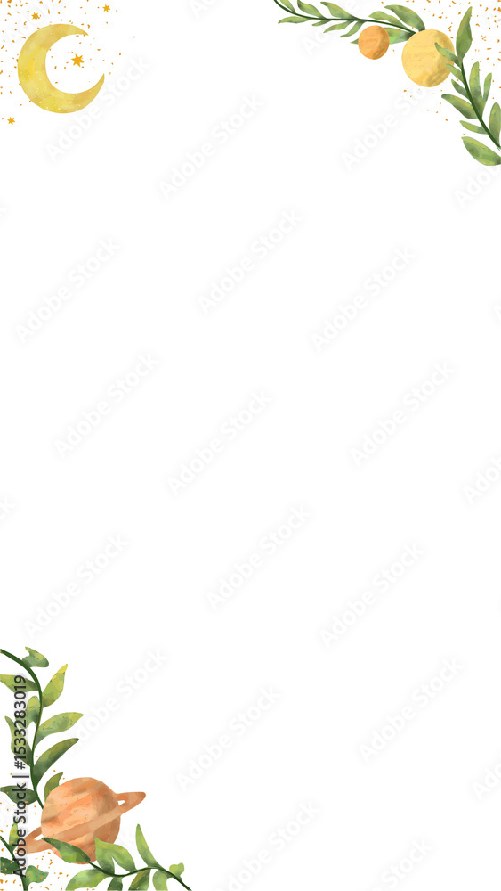 Obraz premium Watercolor border is showing transparent background with yellow moon, leaves, fruits, gold speckles