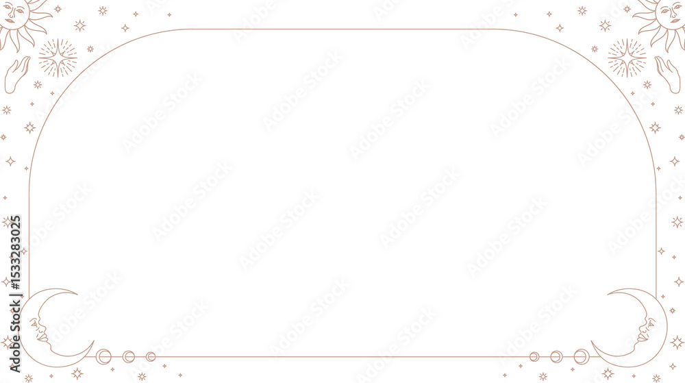 Obraz premium Featuring thin line art frame with sun icons moon faces stars orbit motifs on transparent backdrop
