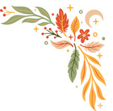 Showing corner ornament in vector with leaves, berries, flower, moon on transparent background