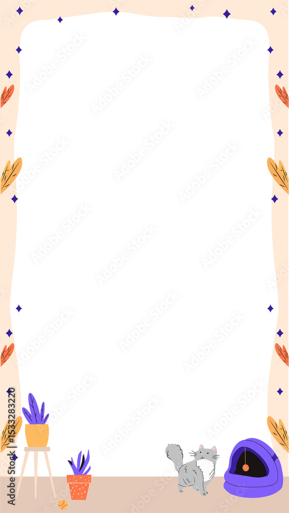 Fototapeta premium Decorative frame template is featuring transparent background with flat border, orange leaves, cat