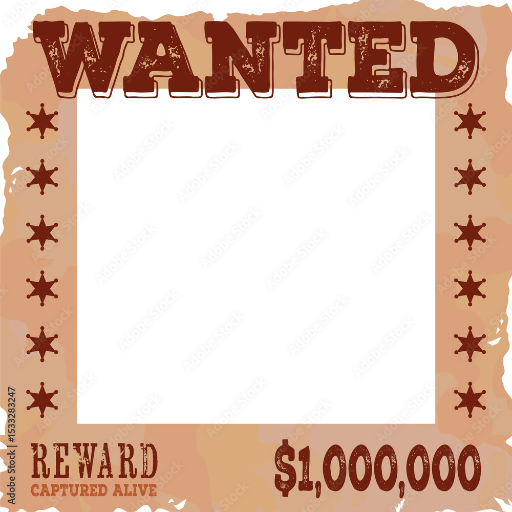 Fototapeta premium Western wanted poster frame showing flat, transparent background, sheriff stars, copy space