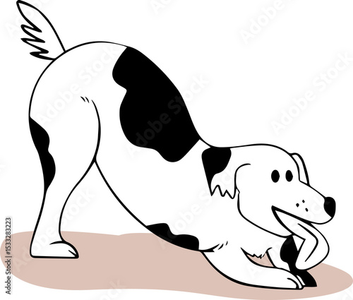 Fototapeta Naklejka Na Ścianę i Meble -  Cartoon dog is bowing playfully on brown ground patch, holding bone toy, on transparent background
