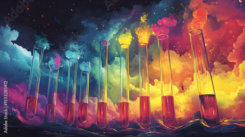 Colorful test tubes filled with vibrant liquid against a backdrop of swirling nebulae.