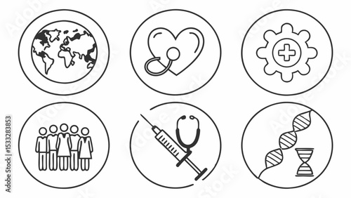 Global Healthcare Medical Icons, Syringe, DNA, and Teamwork