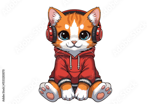 Adorable Orange Tabby Kitten Wearing Red Hoodie and Headphones Cute Cartoon Cat Illustration