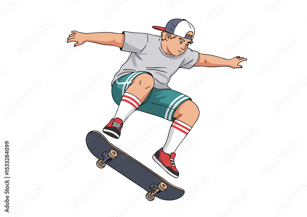 Fototapeta premium Dynamic Skateboarding Illustration Boy Performing an Ollie, Action Pose, Athletic, Youthful Energy, Sporty Illustration