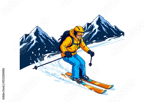 Thrilling Downhill Skiing Adventure Majestic Mountain Peaks, Snow, and Extreme Sports Illustration