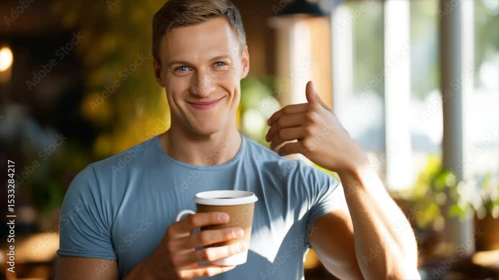 Caucasian male model with clear, fair skin and a clean face, wearing a casual fitted short-sleeve T-shirt, standing in a cozy restaurant with natural sunlight Caucasian male model with clear, fair skin and a clean face, wearing a casual fitted short-sleeve T-shirt, standing in a cozy restaurant with natural sunlight