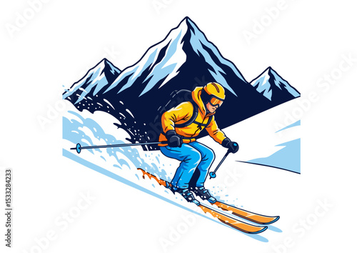 Thrilling Downhill Skiing Adventure in Majestic Mountains A Stunning Illustration