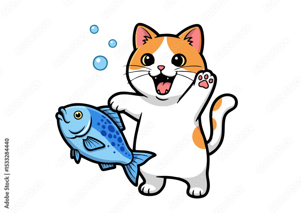 Obraz premium Adorable Orange and White Cat Holding a Fish Cute Cartoon Illustration