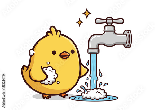 Adorable Chick Taking a Bath Cute Illustration of a Baby Bird Washing