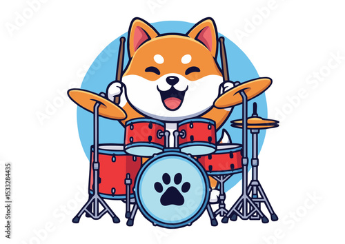 Adorable Shiba Inu Drumming Cute Cartoon Dog Playing Drums Illustration