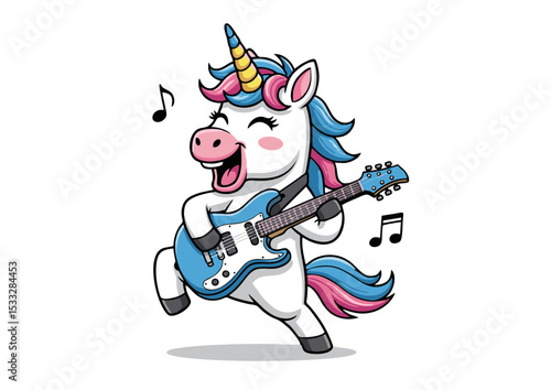 Joyful Unicorn Rock Star Electric Guitar Playing Cartoon Illustration