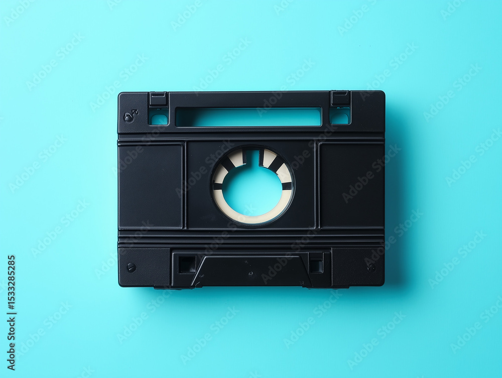Obraz premium Black Cassette Tape on Teal Background Flat Lay Still Life