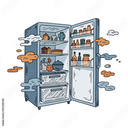 An open refrigerator filled with food and containers, surrounded by cloud-like shapes.