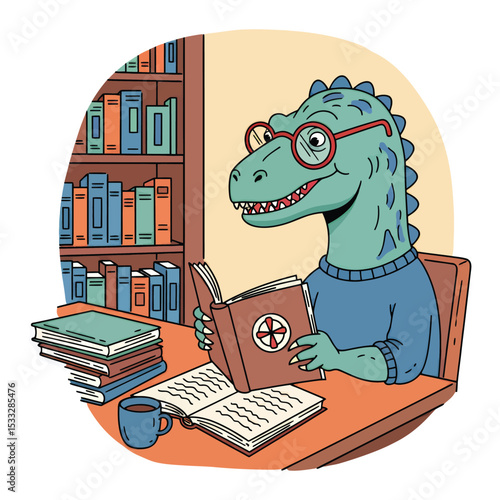Cartoon dinosaur wearing glasses reading a book at a desk with a bookshelf in the background.