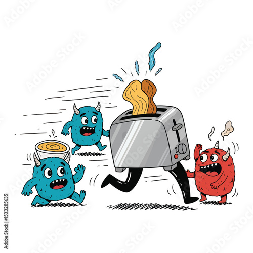 Cartoon monsters chase a running toaster with popping bread.