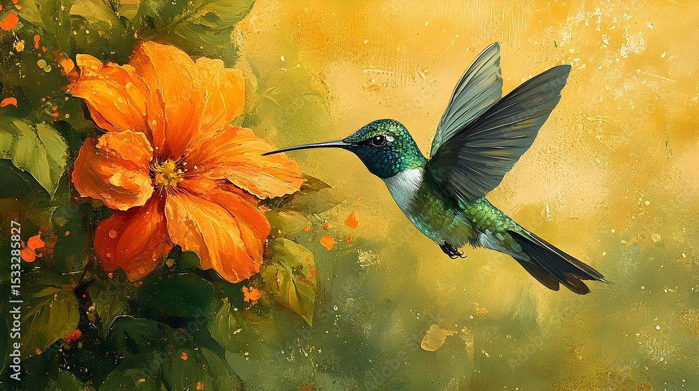 Naklejka premium Vibrant hummingbird hovering near an orange flower.