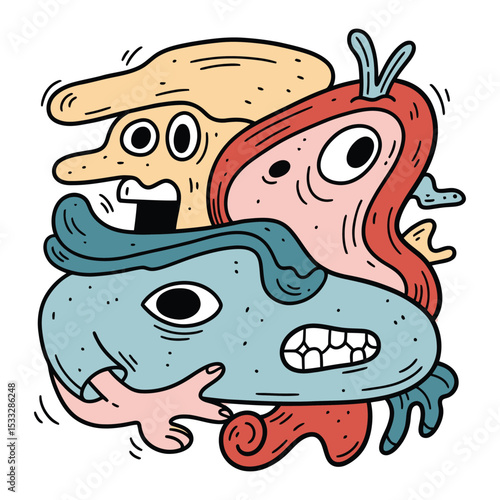 Whimsical illustration featuring several abstract, cartoonish creatures interacting with each other.