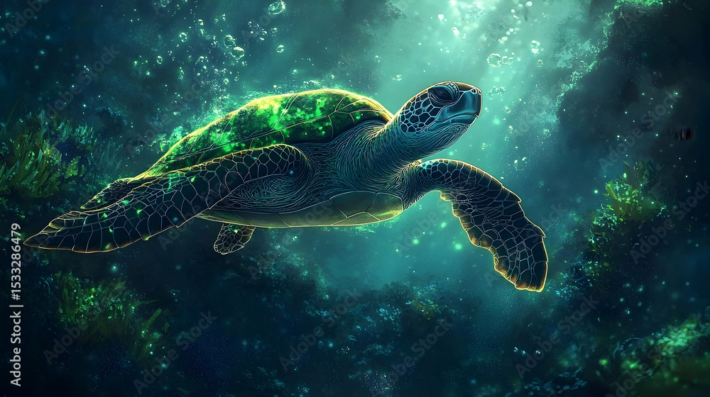 Obraz premium Underwater turtle swimming in glowing teal waters.