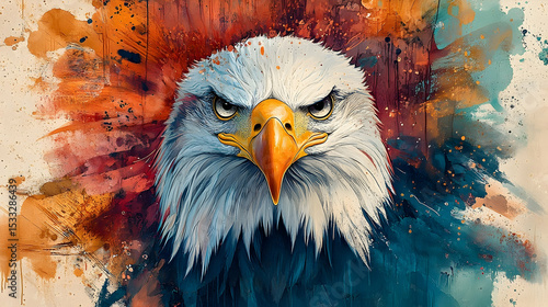 Detailed close-up of an eagle's head against a vibrant backdrop.