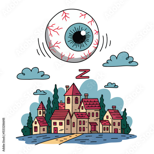 A large, watchful eye floats above a sleeping town, with "Z" above.