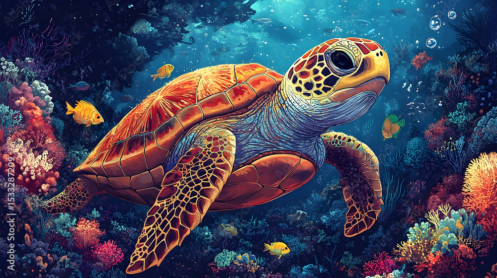 Fototapeta premium Colorful sea turtle swimming amidst a vibrant coral reef.