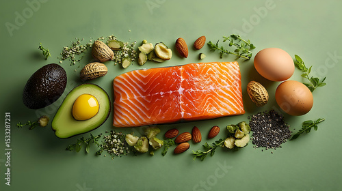 Healthy food selection, featuring salmon, avocado, eggs, and nuts.