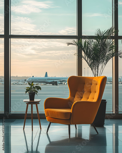 Serene Airport Lounge Minimalist Design with Pastel Armchair and Runway View