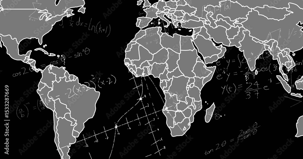 Naklejka premium Displaying grey world map projected on blackboard display, showing chalk equations and graph axes