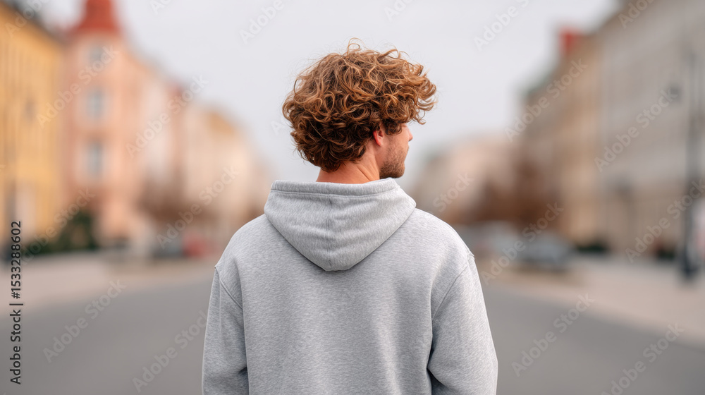Obraz premium Back profile of man with curly hair wearing gray hoodie standing on blurred city street, evoking calm and reflective mood