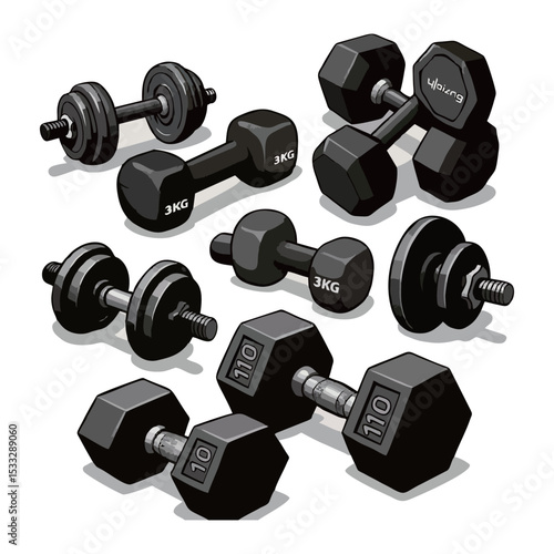 Silhouette image of dumbbells on white background