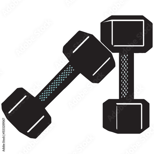 Silhouette image of dumbbells on white background
