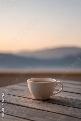 cozy coffee cup on wooden table with blurred silhouettes of mountains in evening light