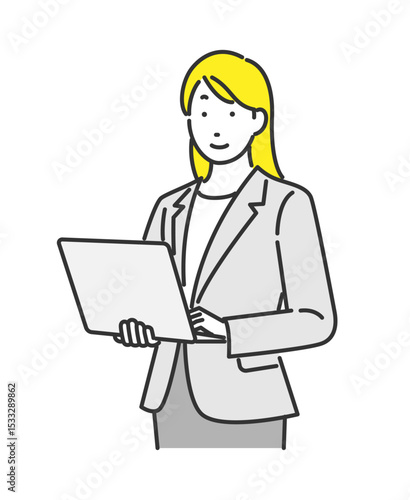 ノートパソコンを持って立っているビジネスウーマンのイラスト