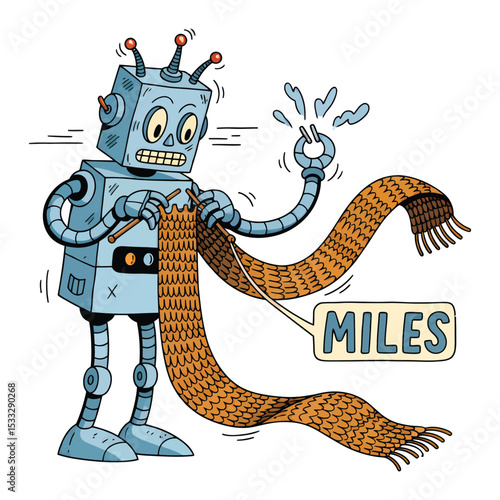 A vintage-style cartoon robot is depicted knitting a large orange and tan scarf, with a speech bubble reading "MILES".