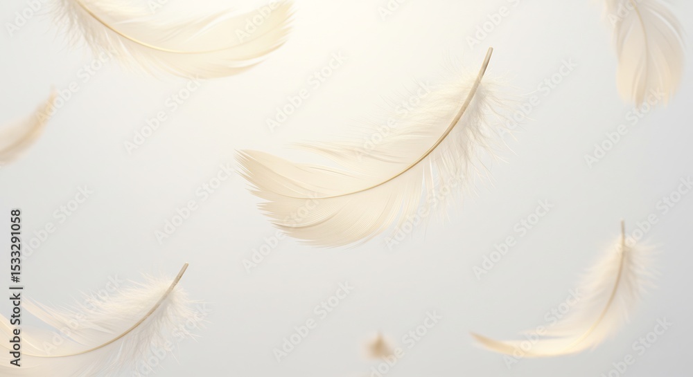 Obraz premium Soft light illuminates gently falling delicate cream feathers. AI Generated