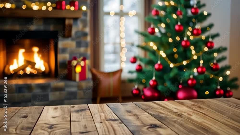Wooden table Christmas tree and fireplace bokeh background holiday season. Ideal for festive winter background. Wooden table Christmas tree and fireplace bokeh background holiday season. Ideal for festive winter background.