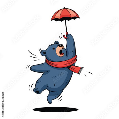 A cartoon bear happily floats in the air, using an umbrella for lift.
