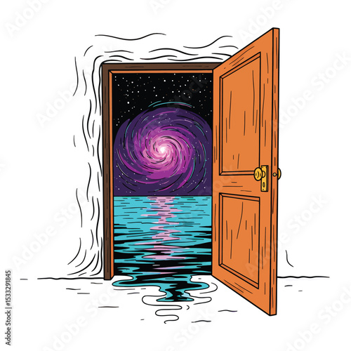 An open door reveals a cosmic scene: a galaxy reflecting on water under a starry sky.