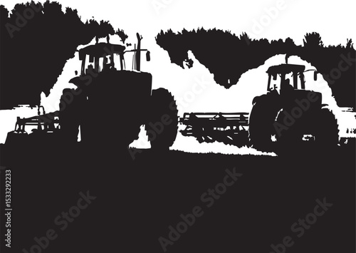 Two Tractors Working in Field Silhouettes