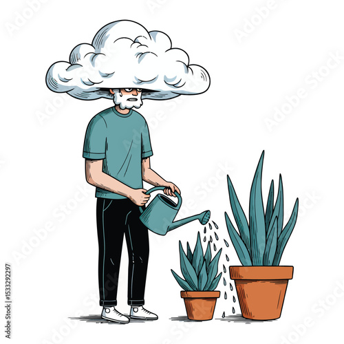 A man with a cloud for a head waters plants, a whimsical illustration of overcoming mental burdens.