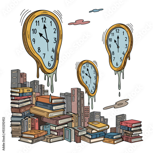Melted clocks float over a city skyline, with a large stack of books in the foreground, suggesting a concept of time and knowledge.