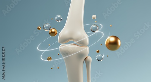 Joint Health and Wellness: 3D Render of Knee Joint with Hyaluronic Acid and Collagen Molecules