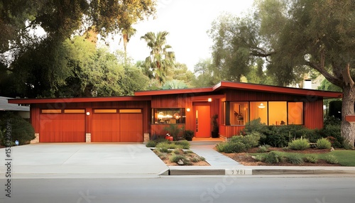 Mid-century modern home with red siding and double garage.