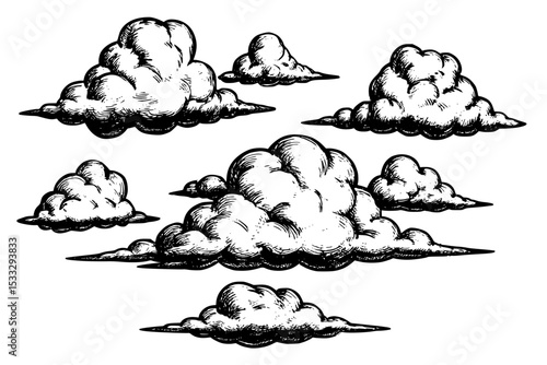 Cloud engraving black and white outline vector in vintage hand-drawn style