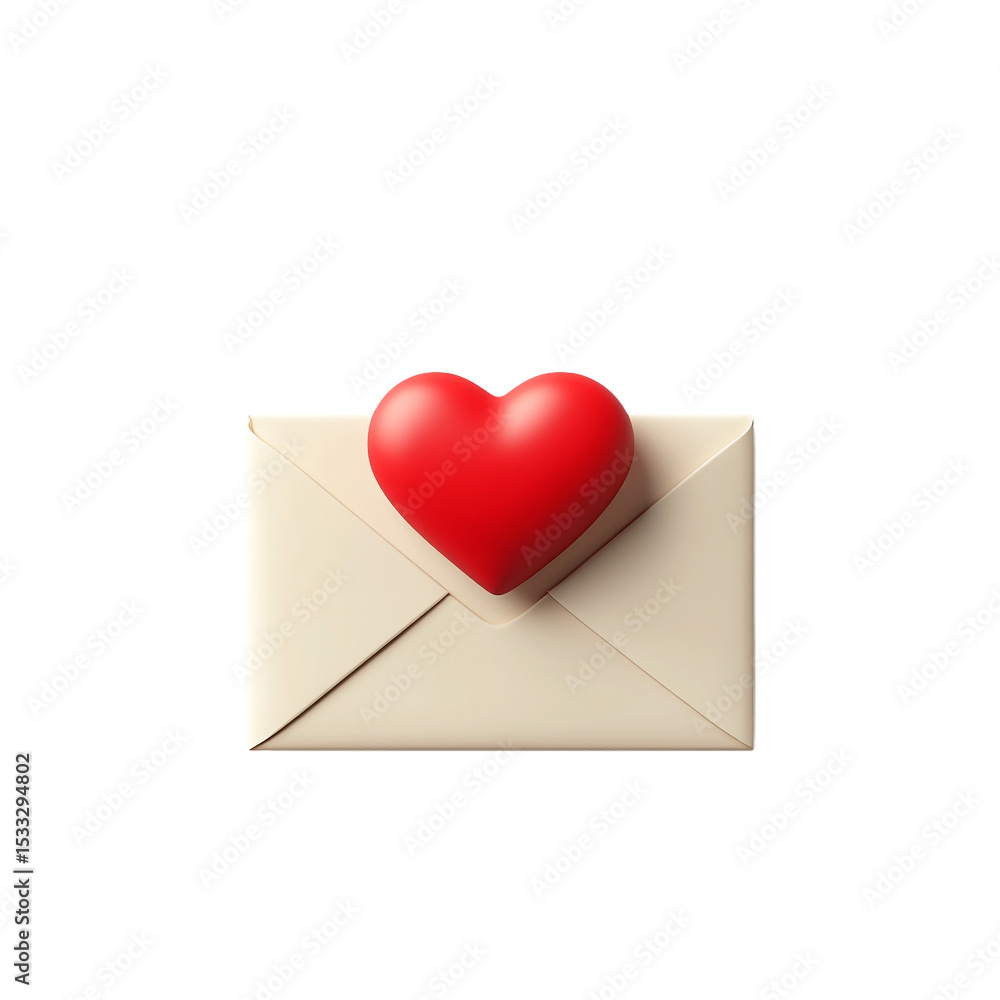 Cream envelope with a red heart on top, isolated on transparent background, romantic message, love letter, Valentine's Day, symbol of affection, 3D Cream envelope with a red heart on top, isolated on transparent background, romantic message, love letter, Valentine's Day, symbol of affection, 3D