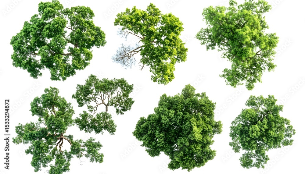 Fototapeta premium Collection of tree canopies against a white background.