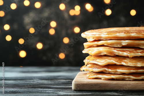 Wallpaper Mural Fluffy Pancakes Piled High on a Wooden Board with a Warm Syrup Background and Soft Lights Torontodigital.ca
