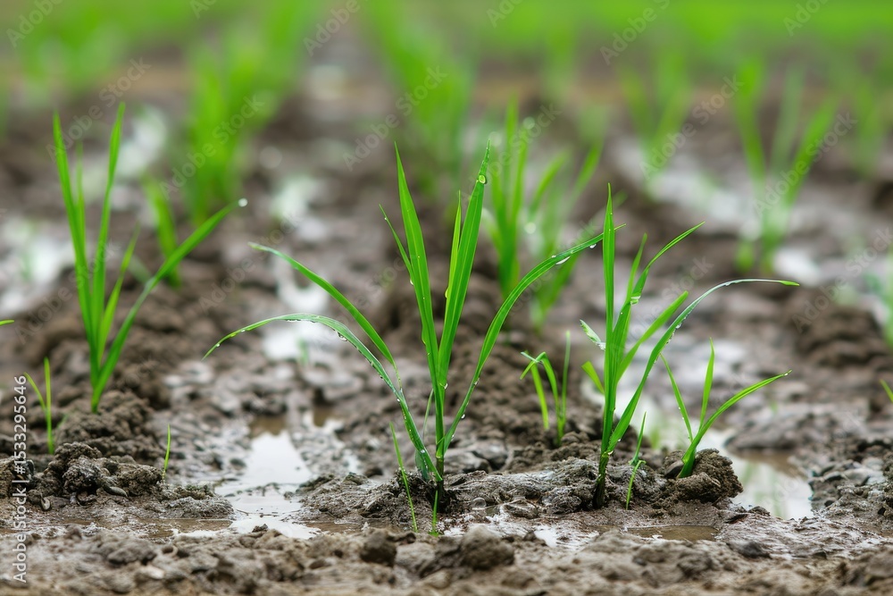 High Detail Visual of Planting on the Organic Rice Farmland High Detail Visual of Planting on the Organic Rice Farmland